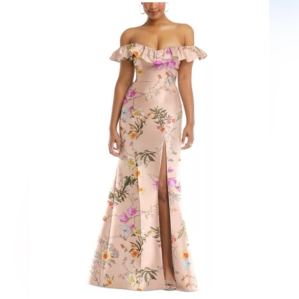 Alfred Sung Women's Off-the-Shoulder Ruffle Neck Floral Satin Trumpet Gown
